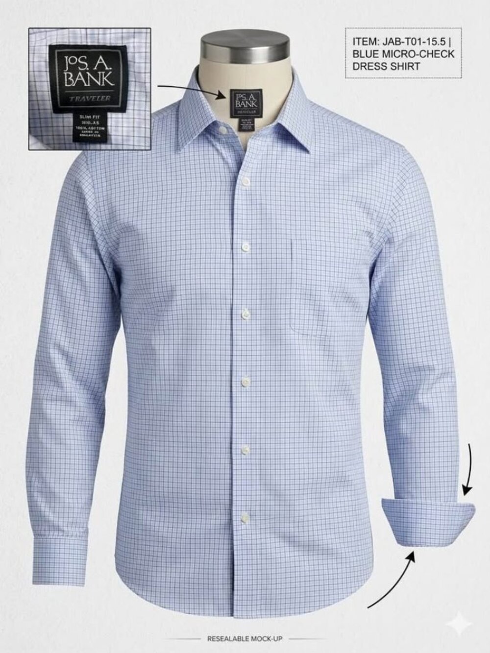 Jos. A. Bank Traveler Collection Slim Fit Dress Shirt Blue Micro-Check 15.5 32/3